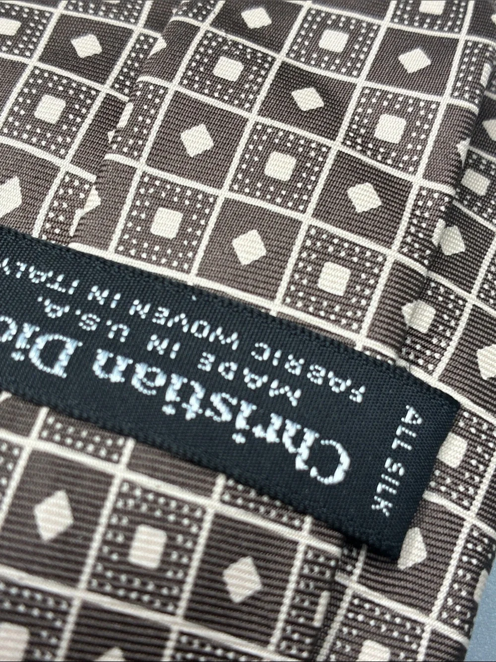 Vintage Christian Dior Silk Tie Brown Cream Geometric Woven Italy Made in USA